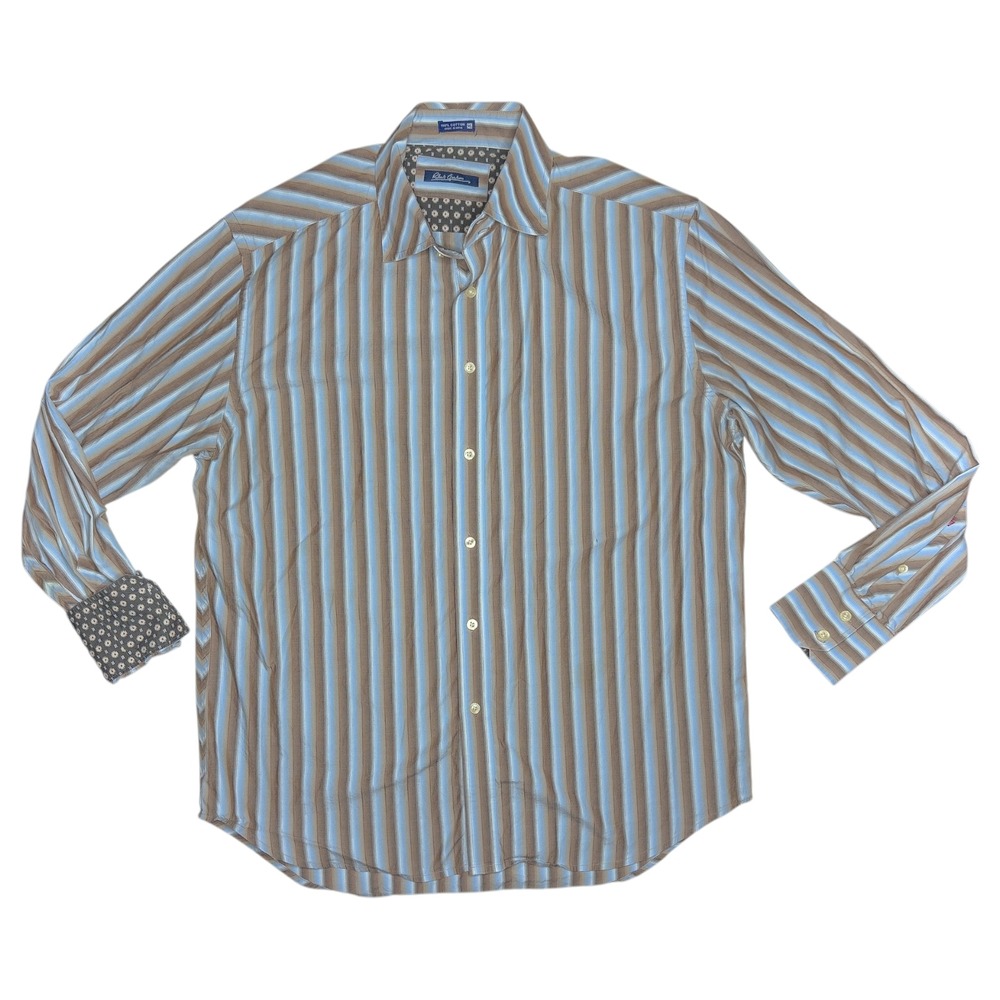 Robert Graham Men's XL Flip Cuff Blue Brown Striped Long Sleeve Button Up Shirt